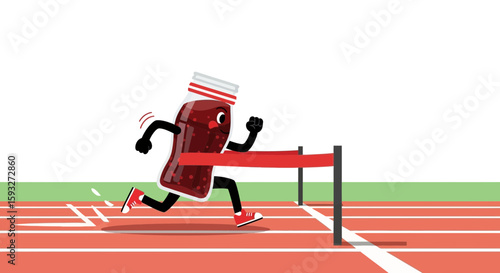 Soda Bottle Character Winning A Race By Crossing Finish Line Successfully