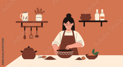 Woman Preparing A Meal In A Cozy Kitchen With Rustic Décor