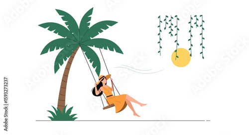 Tropical Serenity Woman On A Swing Under Palm Tree Relaxing In Summer Holiday