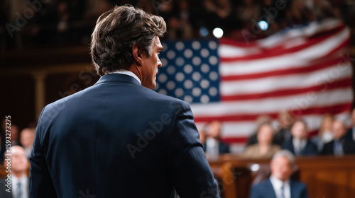 Rear perspective of an official in a dark suit addressing a congressional committee. Behind him, the stars and stripes of the American flag flow as legal experts and judges confer