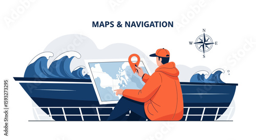 Navigator Planning Sea Journey On A Boat Using Map And Compass