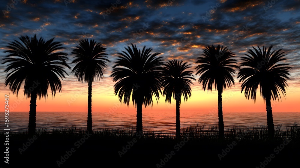 Naklejka premium Silhouette Palm Trees Sunset Ocean Beach Tropical