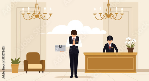 Sophisticated Hotel Lobby Welcoming Guests with Professional Staff and Elegant Decor