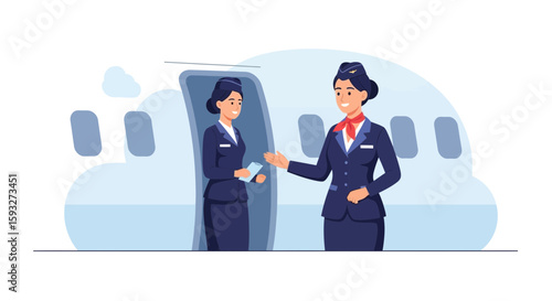 Two Air Hostesses Welcoming Passengers Aboard an Airplane Illustration