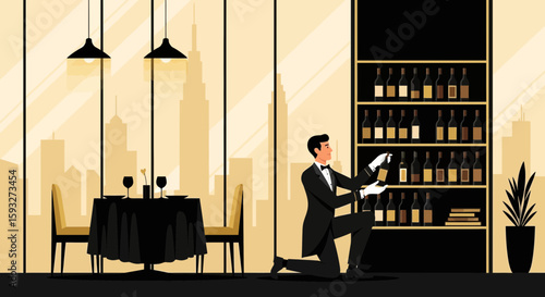 Sophisticated Evening In High End City Restaurant With Sommelier Choosing Wine