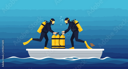 Two Divers Preparing Equipment On Boat For Underwater Aquatic Adventure Journey