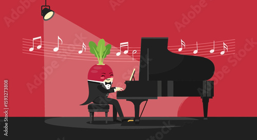 Radish Pianist Plays a Classical Tune On Stage Under a Spot Light