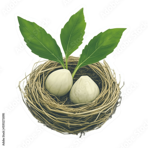 Eco-friendly nest with leaves and eggs, symbol of care and sustainable future, transparent background