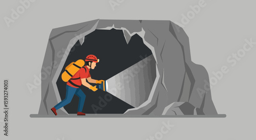 Speleologist Exploring Underground Cave With Flashlight Adventure And Discovery