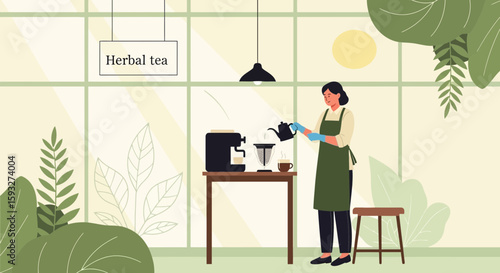 Woman Preparing Herbal Tea In Bright Cafe With Modern Design And Plants