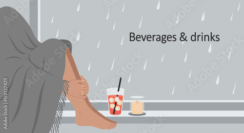 Rainy Day Relaxation With Drink And Candle Near Window Illustration