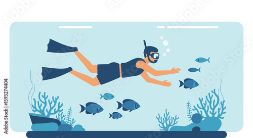 Underwater Exploration Man Diver Scuba Diving With Exotic Fish And Marine Life