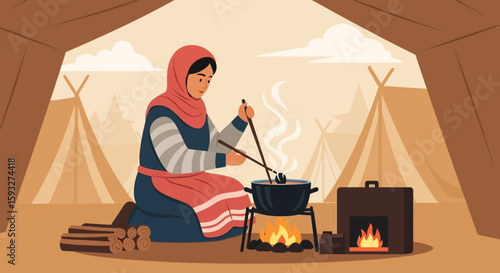 Woman Preparing Traditional Food In Nomadic Settlement Under Canvas Home