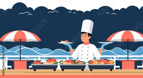 Ocean Cruise Dining Experience Illustration With Chef Serving Seafood Dishes