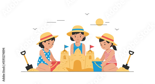 Unhappy Kids Building A Sandcastle On The Beach On Summer Vacation