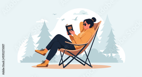 Woman Reading A Book Sitting In A Relaxing Chair Outside In Nature