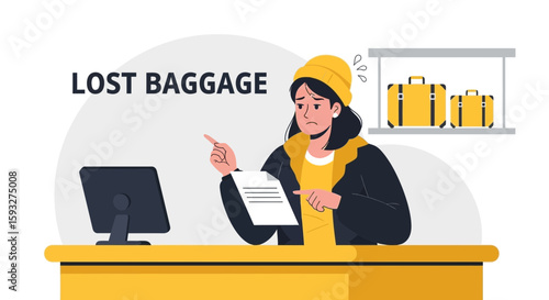 Upset Passenger Reporting Lost Luggage at Airport Service Counter Illustration