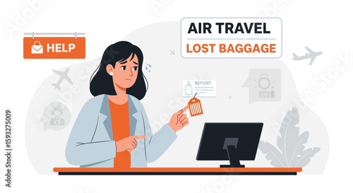 Upset Woman Reporting Lost Luggage At Airport Information Desk Service