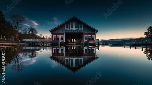 Serene Boathouse Reflection at Twilight