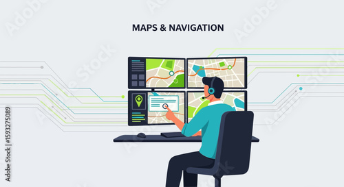 Operator Manages City Navigation With Multiple Screens In Modern Dispatch Center