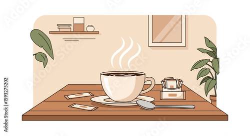 Steaming Coffee Cup On Wooden Table With Home Decoration Elements Artwork