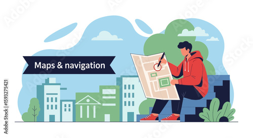 Urban Navigator Examining Map In Cityscape With Modern Design Style