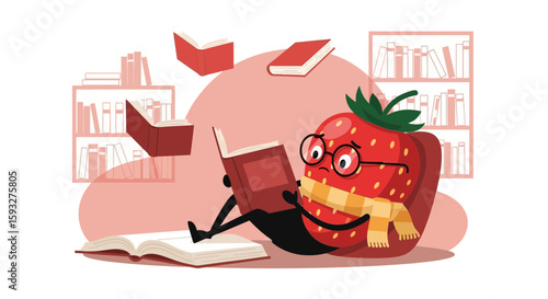 Strawberry Character Enjoying Reading Books In The Library Cozy Learning Concept