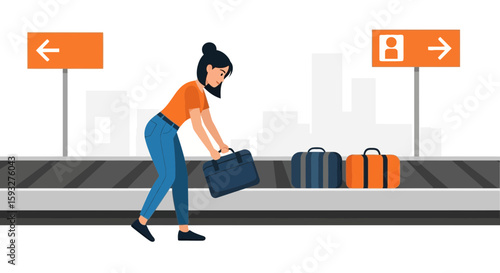 Woman Retrieving Luggage After Arriving At Airport Conveyor Belt Waiting Zone
