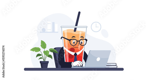 Refreshing Beverage Working On Laptop In Office Space Business Cartoon Concept