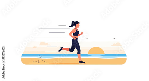 Woman Running On Beach Enjoying Morning Exercise And Sunset Ocean View