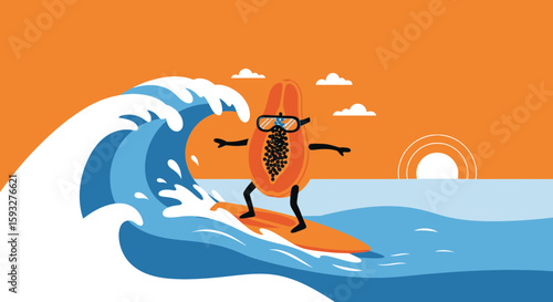 Papaya Dude Catching A Wave With The Ocean Sunset Illustration Design