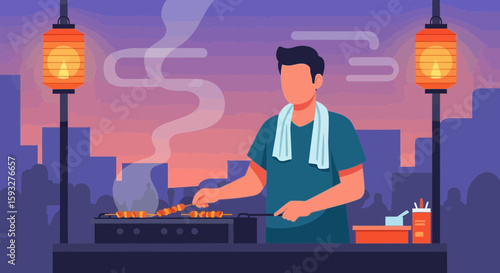 Street Food Vendor Grilling Skewers At Night With Skyline Background and Lantern Lights