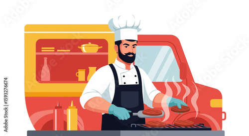 Street Food Vendor Preparing Burgers In A Mobile Kitchen Illustration