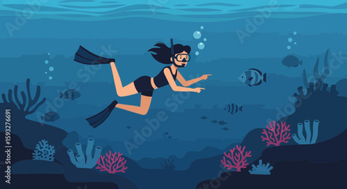Woman Scuba Diving Underwater Exploring Marine Life And Coral Reefs Scene