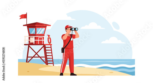 Vigilant Lifeguard Observing Ocean with Binoculars Near Tower at Beach