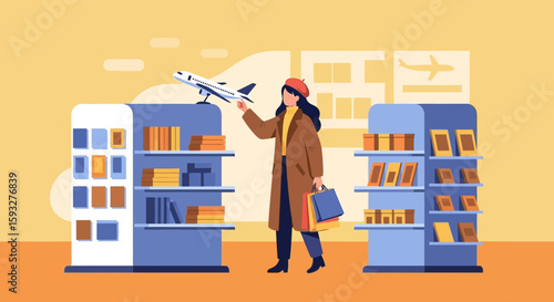 Woman Shopping In An Airport Store Looking At An Airplane Toy Model
