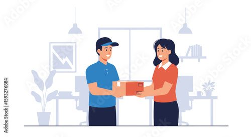 Parcel Delivery With Courier Man Giving Package To Woman In Office Environment