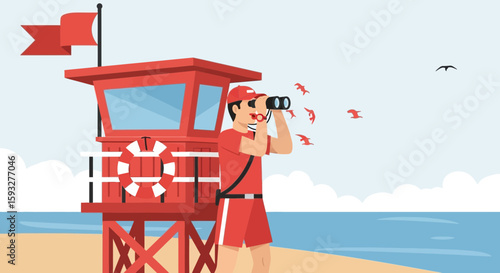 Vigilant Lifeguard Scanning Coastline With Binoculars Near Rescue Station