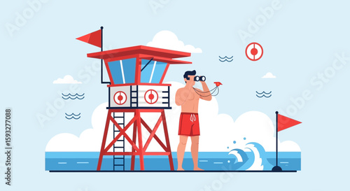 Vigilant Lifeguard On Duty Observes Ocean With Binoculars For Beach Safety