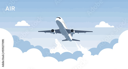 Passenger Airplane Ascending Through Soft Clouds For Vacation Travel Concept
