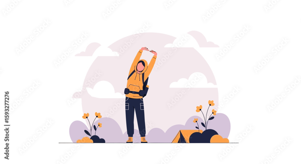 Woman Stretching At Campsite Enjoying The Outdoors Nature Adventure Woman Stretching At Campsite Enjoying The Outdoors Nature Adventure