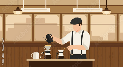 Vintage Cafe Ambiance Barista Pouring Coffee From Kettle In Coffee Shop
