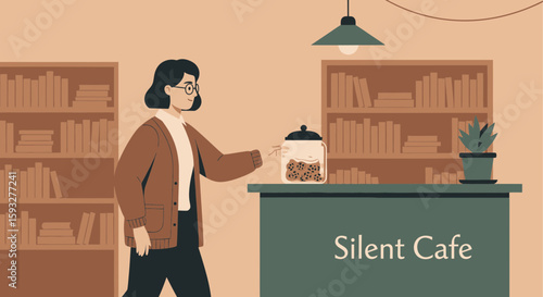 Vintage Quiet Coffee Shop With Bookcases And Woman Reaching For A Cookie Jar
