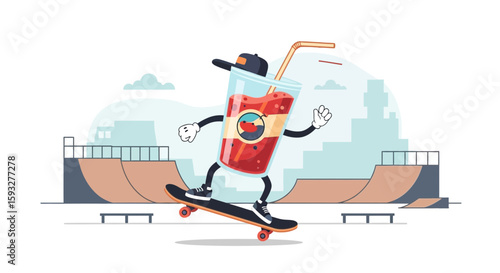 Refreshing Summer Drink Character Skateboard Action In Skatepark Illustration