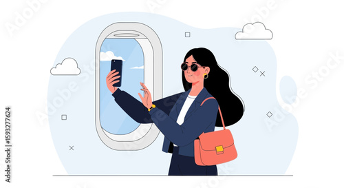 Woman Taking Selfie on Airplane During Flight Enjoying Travel Photography