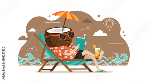 Relaxed Coconut Cartoon Character Enjoying Sunny Beach Vacation Reading a Book