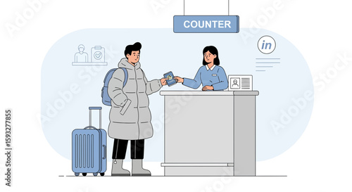 Passenger Checks In At Airport Counter With Travel Documents On Winter Season