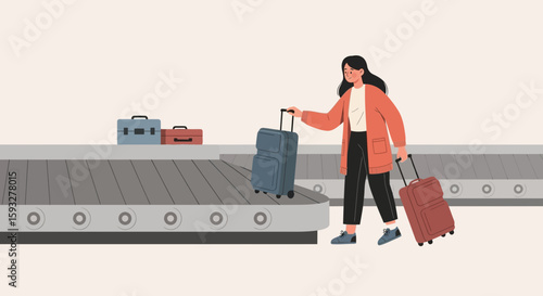 Woman Traveler Collects Luggage From Airport Baggage Claim Conveyor Belt