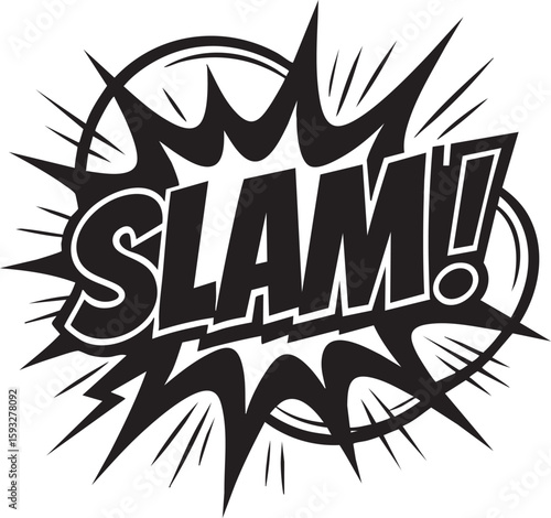 Slam comic book sound effect in a pop art explosion bubble. Retro black and white onomatopoeia graphic illustration.