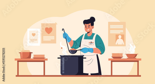 Volunteer Cook Prepares Food for Charity Beneficiaries in a Community Kitchen